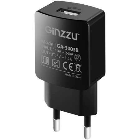 Сетевое зарядное устройство Ginzzu, 1xUSB, 1.2A черное (GA-3003B)
