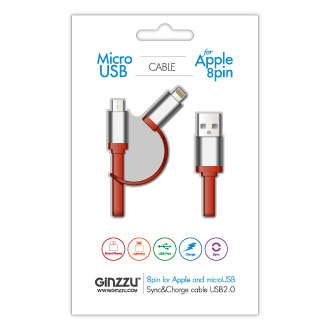 Кабель USB-MicroUSB Ginzzu с переходником на Apple Lightning GC-888UR 100см красный 