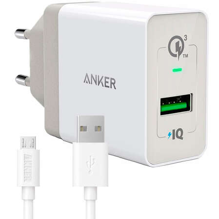 Сетевое зарядное устройство Anker PowerPort+ B2013L21 1xUSB Quick Charge 3.0, кабель microUSB 1 метр, белый