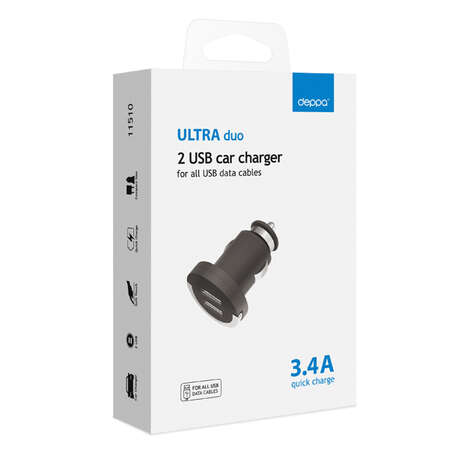 Автомобильное зарядное устройство Deppa Ultra 3.1A (2.1A+1A) USB черный (11510)
