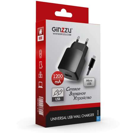 Сетевое зарядное устройство Ginzzu GA-3004B 1.2A, 1xUSB кабель micro USB 1.0 метр, черное