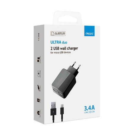 Сетевое зарядное устройство micro USB Deppa Ultra 2 USB 3.4A черный (11358)