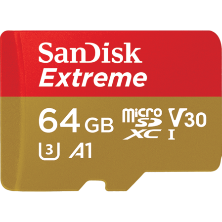 Карта памяти Micro SecureDigital 64Gb SanDisk Extreme microSDHC class 10 UHS-1 U3 V30 (SDSQXAF-064G-GN6AA) + адаптер
