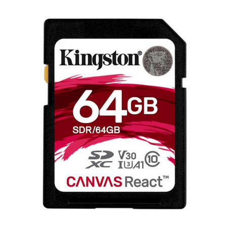 Карта памяти SecureDigital 64Gb Kingston Canvas React SDXC Class 10 UHS-I U3 (SDR/64GB) 