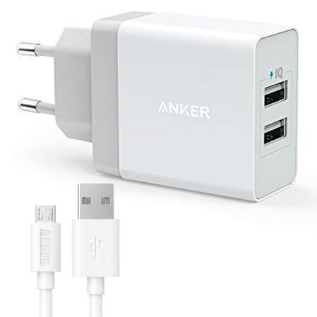Сетевое зарядное устройство Anker PowerPort 2 B2021L21 4.8A, 2xUSB кабель, кевлар microUSB 1 метр, белый