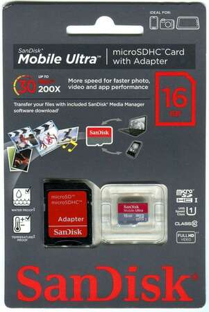 Micro SecureDigital 16Gb Sandisk SDHC Ultra Class 10 + SD Adapter (SDSDQU-016G-U46A)