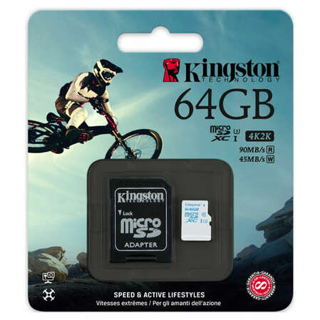Micro SecureDigital 64Gb Kingston SDXC UHS-1 U3 class 10 (SDCAC/64GB) + SD адаптер