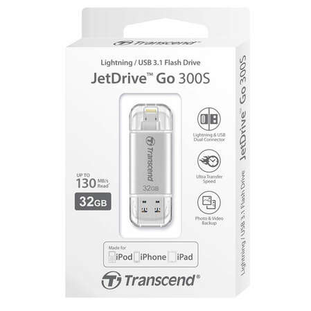 USB Flash накопитель 32GB Transcend JetDrive Go 300 для Apple iPhone\iPad\iPod Touch с разъемом Lightning MFI серебристый