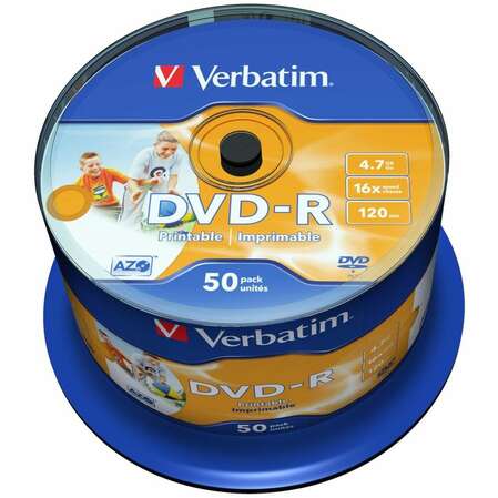 Оптический диск DVD-R диск Verbatim 4,7Gb 16x 50шт. Printable CakeBox (43533)