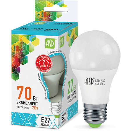Светодиодная лампа ASD LED-A60-standard 7Вт 230В Е27 4000К 630Лм 4690612001678