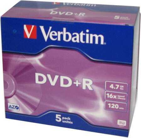 Оптический диск DVD+R диск Verbatim 4,7Gb 16x JewelCase 5шт (43497)