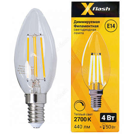Светодиодная лампа X-flash Filament C35 E14 4W 220V 2700K прозрачная, диммируемая 48694