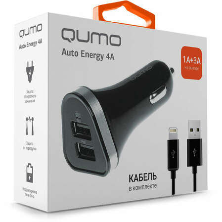 Автомобильное зарядное устройство Qumo 4.0A, 2xUSB(1A+3A), кабель Apple Lightning в комплекте, черный (20738)