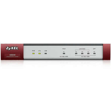Межсетевой экран Zyxel USG40, 1xGbWAN, 1xGbOPT(LAN/WAN), 3xGbLAN/DMZ, USB3.0 с набором подписок на 1 год (AS,AV,CF,IDP)