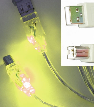 Кабель USB тип А(m)-В(m) 1.8м желтые светящиеся разъемы