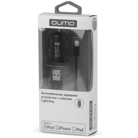 Автомобильное зарядное устройство Qumo MFI кабель Apple Lightning в комплекте, 2.4A, черное (20065)