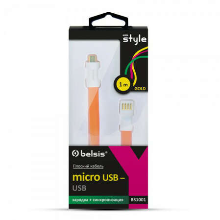 Кабель USB2.0 тип А(m)-microB(5P) 1.0м Belsis (BS1001) плоский оранжевый