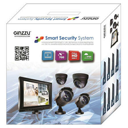 Комплект видеонаблюдения Ginzzu HS-T704KB, 2 купольных камеры CMOS 700TVL, 2 уличных камеры CMOS 700TVL, 1 регистратор D1 7", кабели, БП