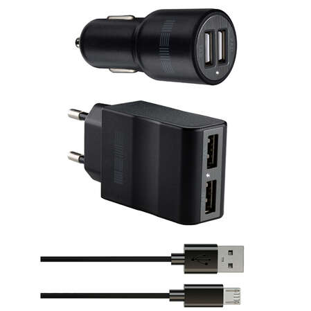 Сетевое и автомобильное зарадное устройство Interstep 1A + кабель micro USB, черное