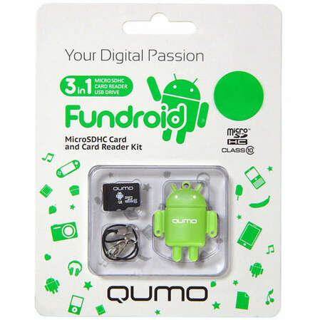 Micro SecureDigital 4Gb HC Qumo class10 (QM4GCR-MSD10-FD-GRN) + USB картридер FUNDROID зеленый