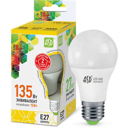 Светодиодная лампа ASD LED-A60-standard 15Вт 230В Е27 3000К 1350Лм 4690612002088