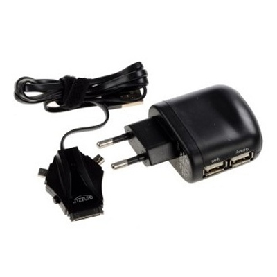 Сетевое зарядное устройство Ginzzu 2.5A, 2xUSB с адаптером micro-, -mini USB и Apple 30-pin, черное