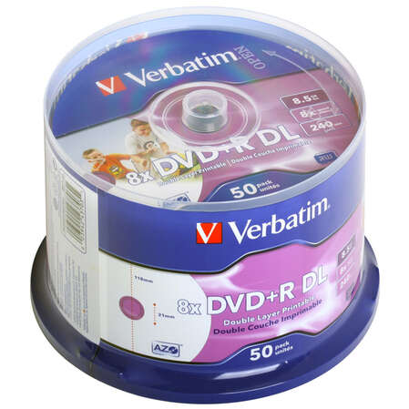 Оптический диск DVD+R диск Verbatim DualLayer 8,5Gb 8x 50шт. CakeBox Printable (43703)