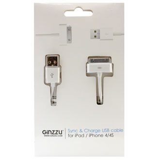 Кабель для iPad/iPhone 4/iPod Cable USB 30pin Ginzzu 1м, белый