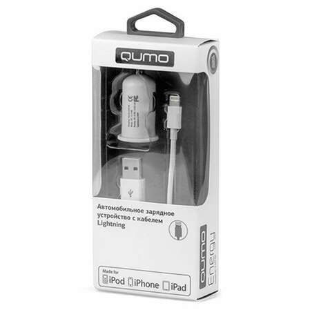 Автомобильное зарядное устройство Qumo MFI кабель Apple Lightning в комплекте, 2.4A, белое (20059)