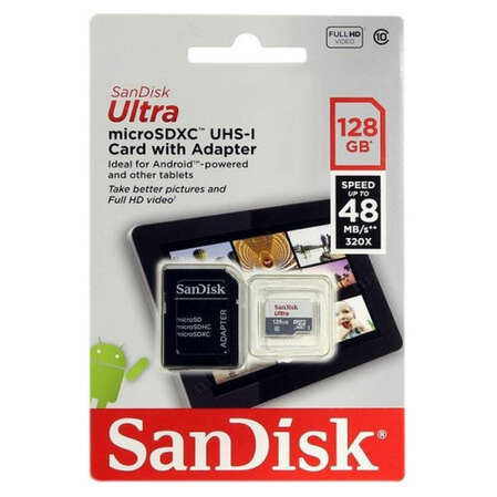 Micro SecureDigital 128Gb SanDisk Ultra microSDXC class 10 UHS-1 (SDSQUNB-128G-GN6TA) + адаптер SD