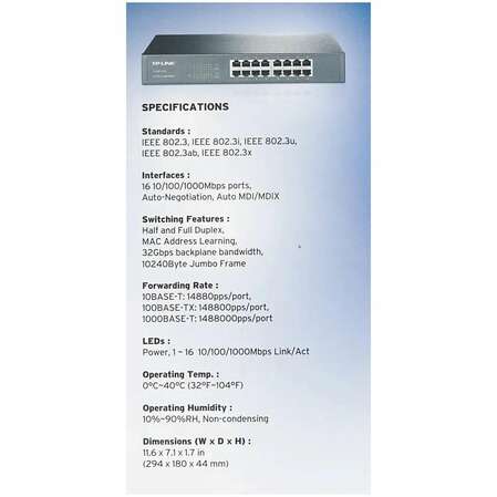 Коммутатор TP-LINK TL-SG1016D неуправляемый 16 портов 10/100/1000 Мбит/с