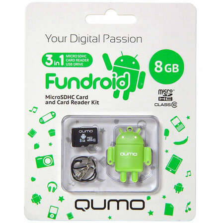 Micro SecureDigital 8Gb HC Qumo class10 (QM8GCR-MSD10-FD-GRN) + USB картридер FUNDROID Зеленый 