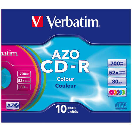 CDR диск Verbatim DL 700Mb 52x Slim Case Color 10шт. (43308)