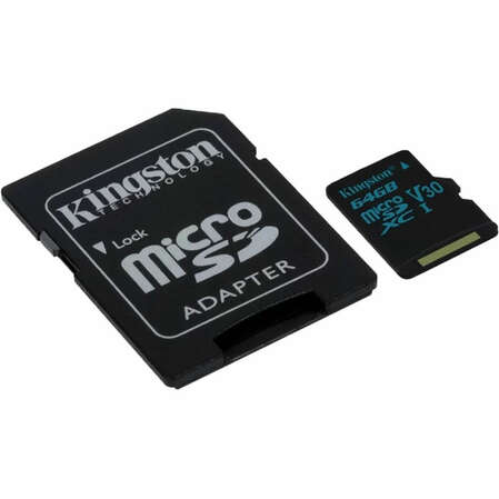 Карта памяти Micro SecureDigital 64Gb Kingston Canvas Go SDXC class 10 UHS-I U3 V30 (SDCG2/64GB) + SD адаптер