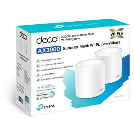 Беспроводной маршрутизатор TP-LINK Whole-Home Mesh Deco X50 Wi-Fi 6 802.11ax, 3000(574+24021) Мбит/с, 2.4ГГц и 5ГГц, 2xLAN (2-pack)