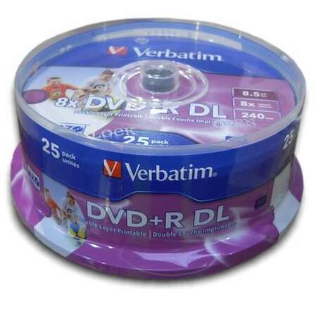 Оптический диск DVD+R диск Verbatim DualLayer 8,5Gb 8x 25шт. CakeBox Printable (43667) 