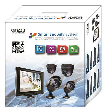 Комплект видеонаблюдения Ginzzu HS-T804KB, 2 купольных камеры Sony 700TVL, 2 уличных камеры Sony 700TVL, 1 регистратор D1 8", кабели, БП