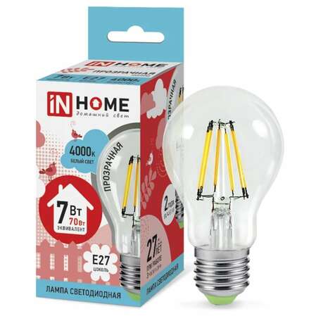Светодиодная лампа In Home LED-A60-deco 7Вт 230В Е27 4000К 630Лм прозрачная 4690612008059