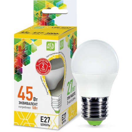 Светодиодная лампа ASD LED-ШАР-standard 5Вт 230В Е27 3000К 450Лм 4690612002163