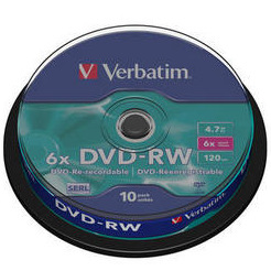 Оптический диск DVD-RW 4.7Gb Verbatim 6x  10 шт  Cake Box (43585)
