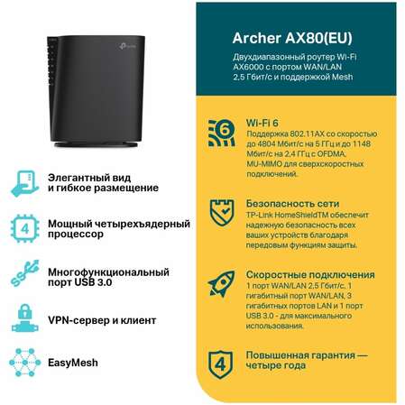 Беспроводной маршрутизатор TP-LINK Archer AX80(EU), Wi-Fi 6 AX6000 1x2,5Gb WAN/LAN 1xGb WAN/LAN 3xGB LAN 1xUSB3.0