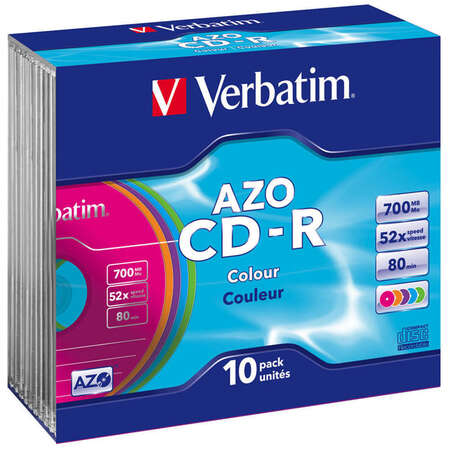 CDR диск Verbatim DL 700Mb 52x Slim Case Color 10шт. (43308)