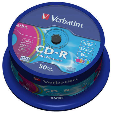 CDR диск Verbatim DL 700Mb 52x CakeBox Color 50шт. (43711)