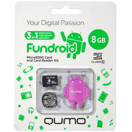 Micro SecureDigital 8Gb HC Qumo class10 (QM8GCR-MSD10-FD-PNK) + USB картридер FUNDROID Розовый