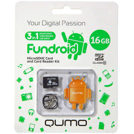 Micro SecureDigital 16Gb HC Qumo class10 (QM16GCR-MSD10-FD-ORG) + USB картридер FUNDROID оранжевый