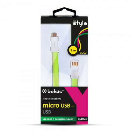 Кабель USB2.0 тип А(m)-microB(5P) 1.0м Belsis (BS1003) плоский зеленый
