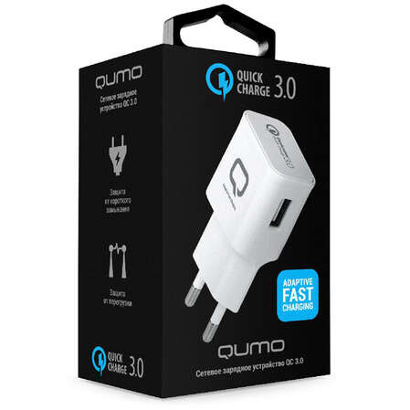 Сетевое зарядное устройство Qumo, USB, 2A (Qualcomm Quick Charge 3.0) белое (21845)