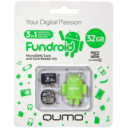 Micro SecureDigital 32Gb HC Qumo class10 (QM32GCR-MSD10-FD-GRN) + USB картридер FUNDROID зеленый