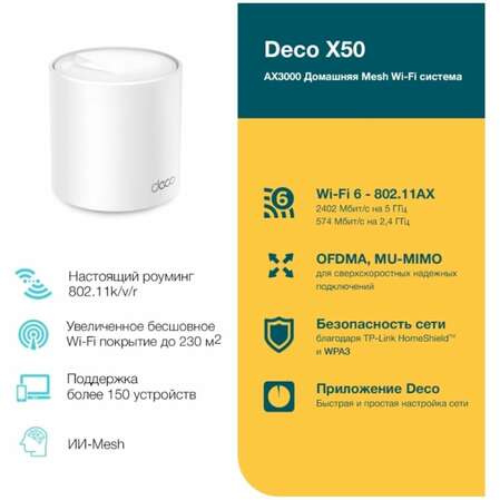 Беспроводной маршрутизатор TP-LINK Whole-Home Mesh Deco X50 Wi-Fi 6 802.11ax, 3000(574+24021) Мбит/с, 2.4ГГц и 5ГГц, 2xLAN (1-pack)