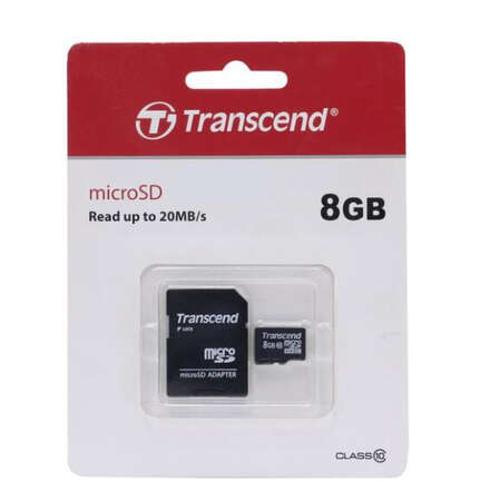 Карта памяти Micro SecureDigital 8Gb HC Transcend class10 (TS8GUSDHC10) + SD адаптер